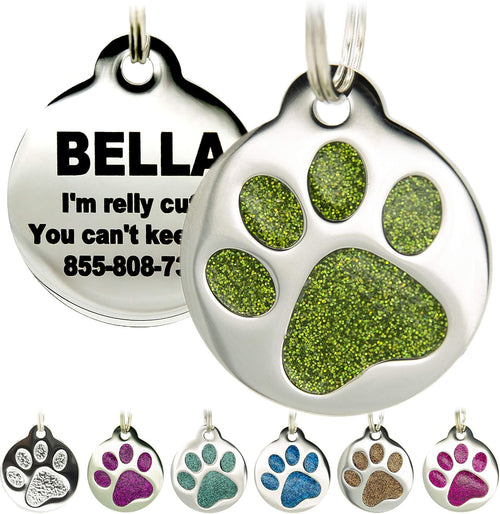 Engraved round paw print pet ID tag