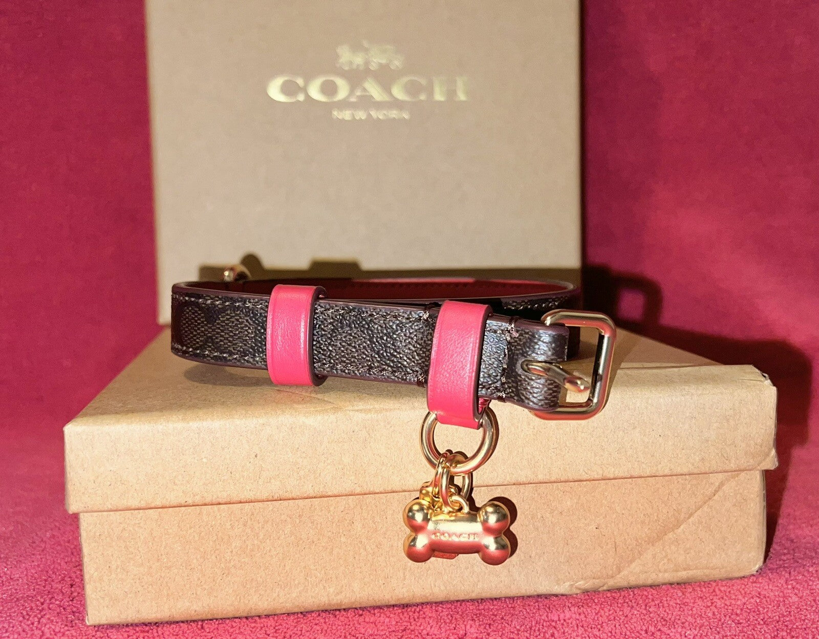 Signature monogram brown & red small dog collar with gold hardware