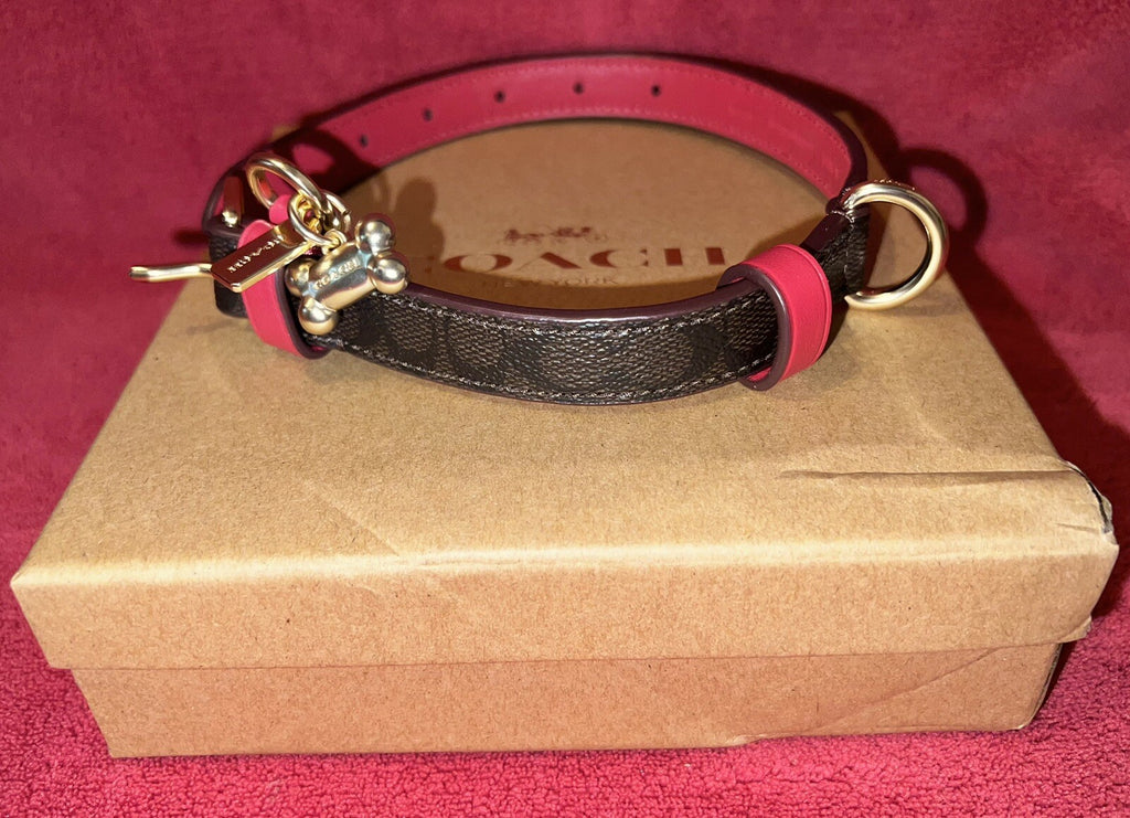 Signature monogram brown & red small dog collar with gold hardware