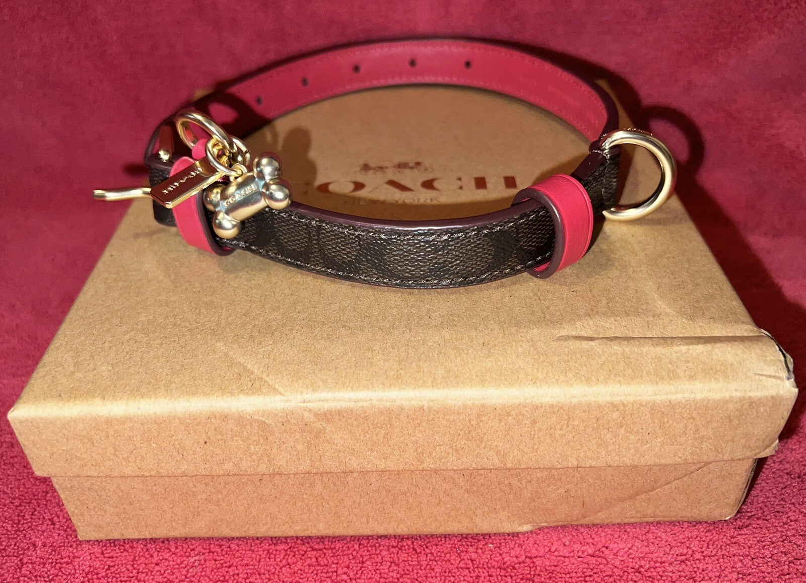 Signature monogram brown & red small dog collar with gold hardware