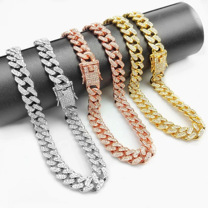 Cuban link pet collar chain with rhinestones